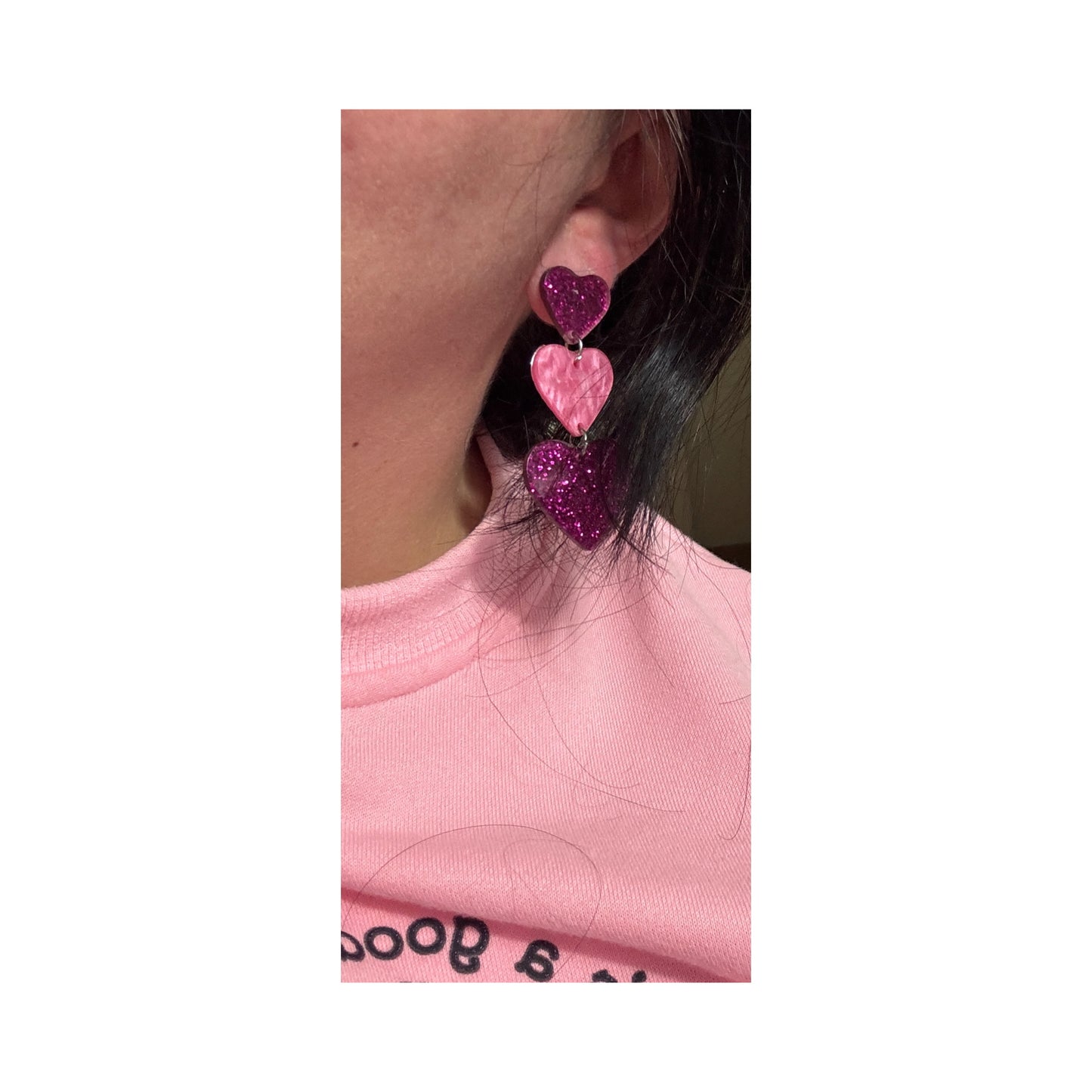 Pink Glitter Heart Tiered Drop Earrings
