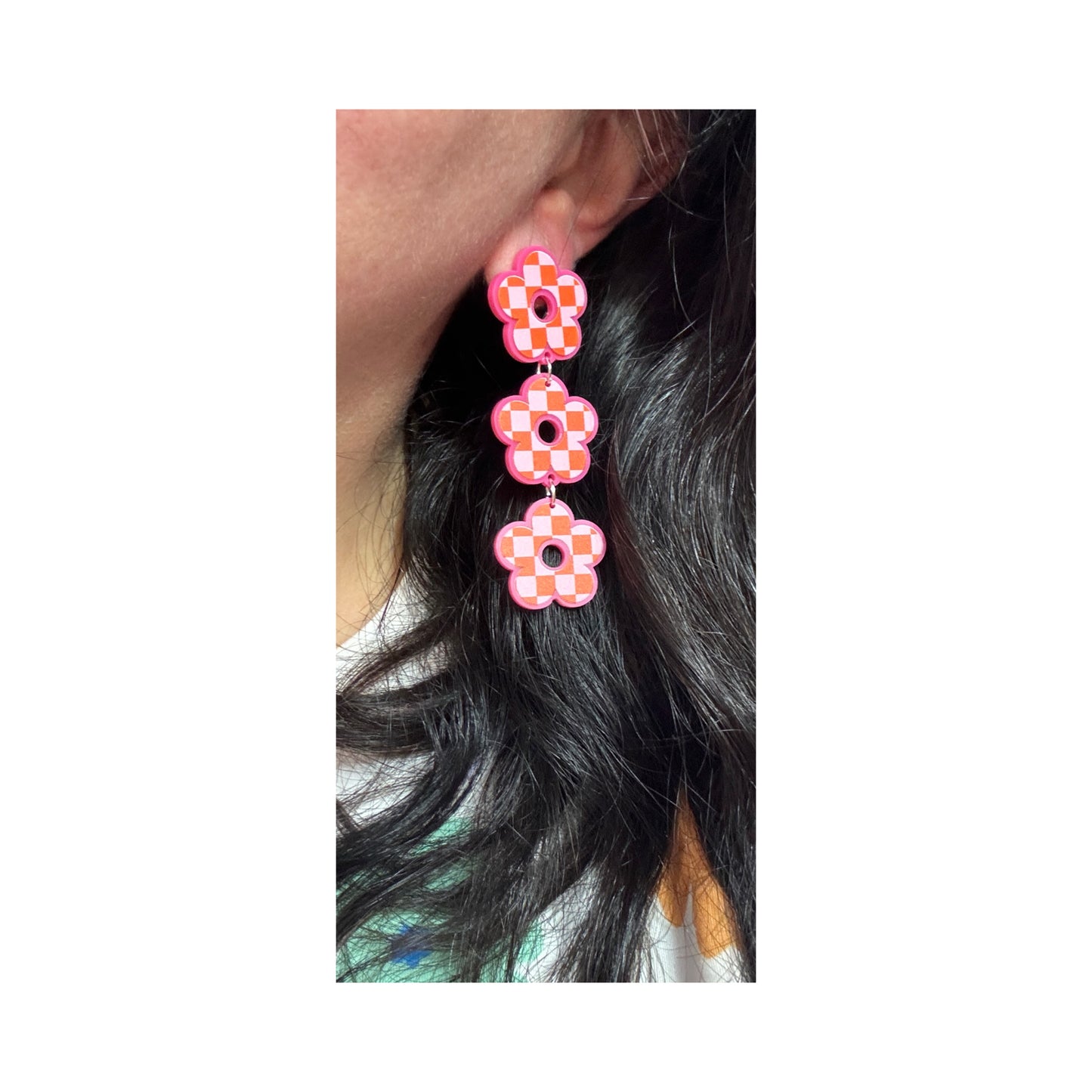Pink & Red Checkered Retro Flower Tiered Drop Earrings