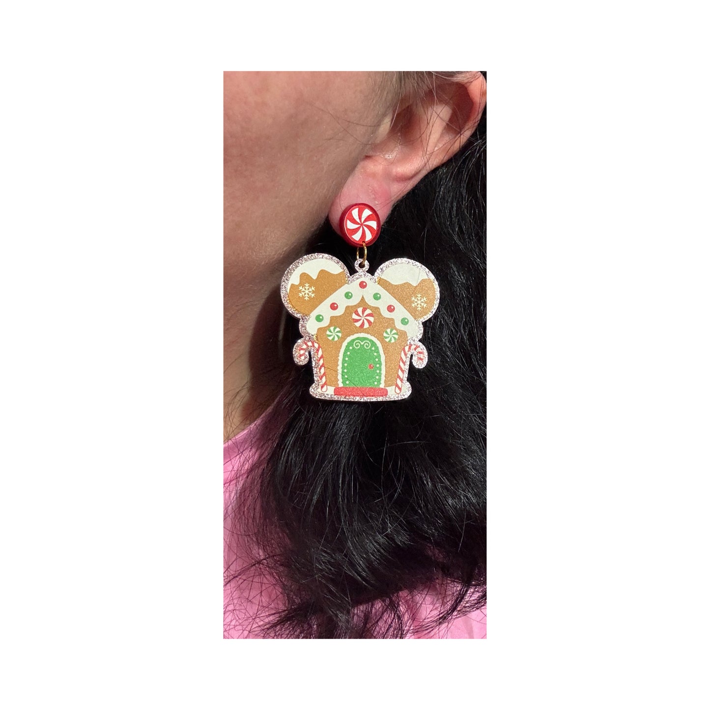Mouse Gingerbread House Sparkle Drop Earrings