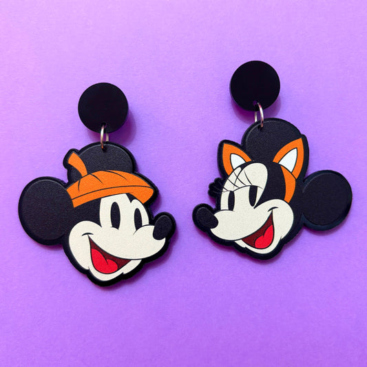 Retro Mouse Cat & Pumpkin Head Drop Earrings