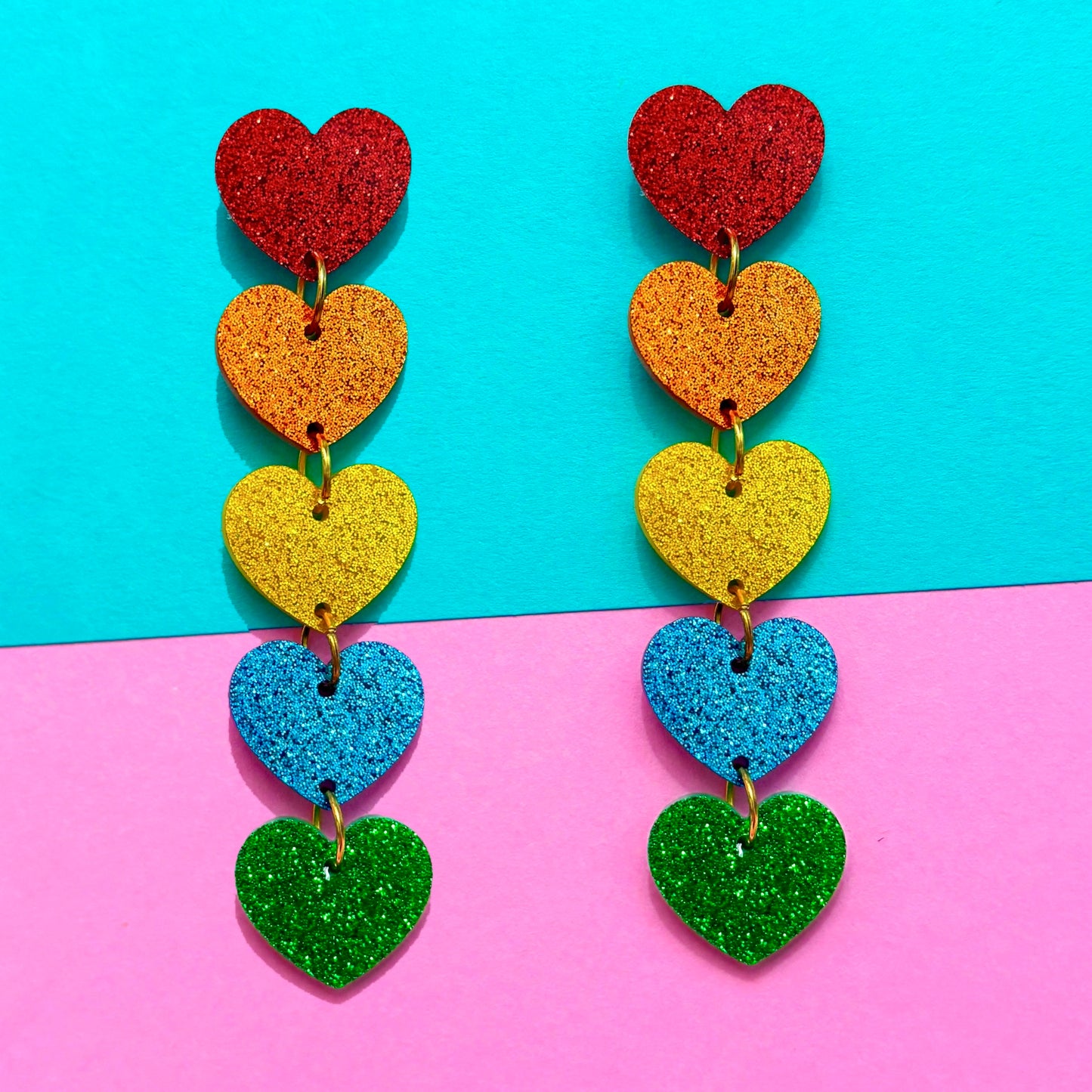 Rainbow Heart Glitter Tiered Drop Earrings