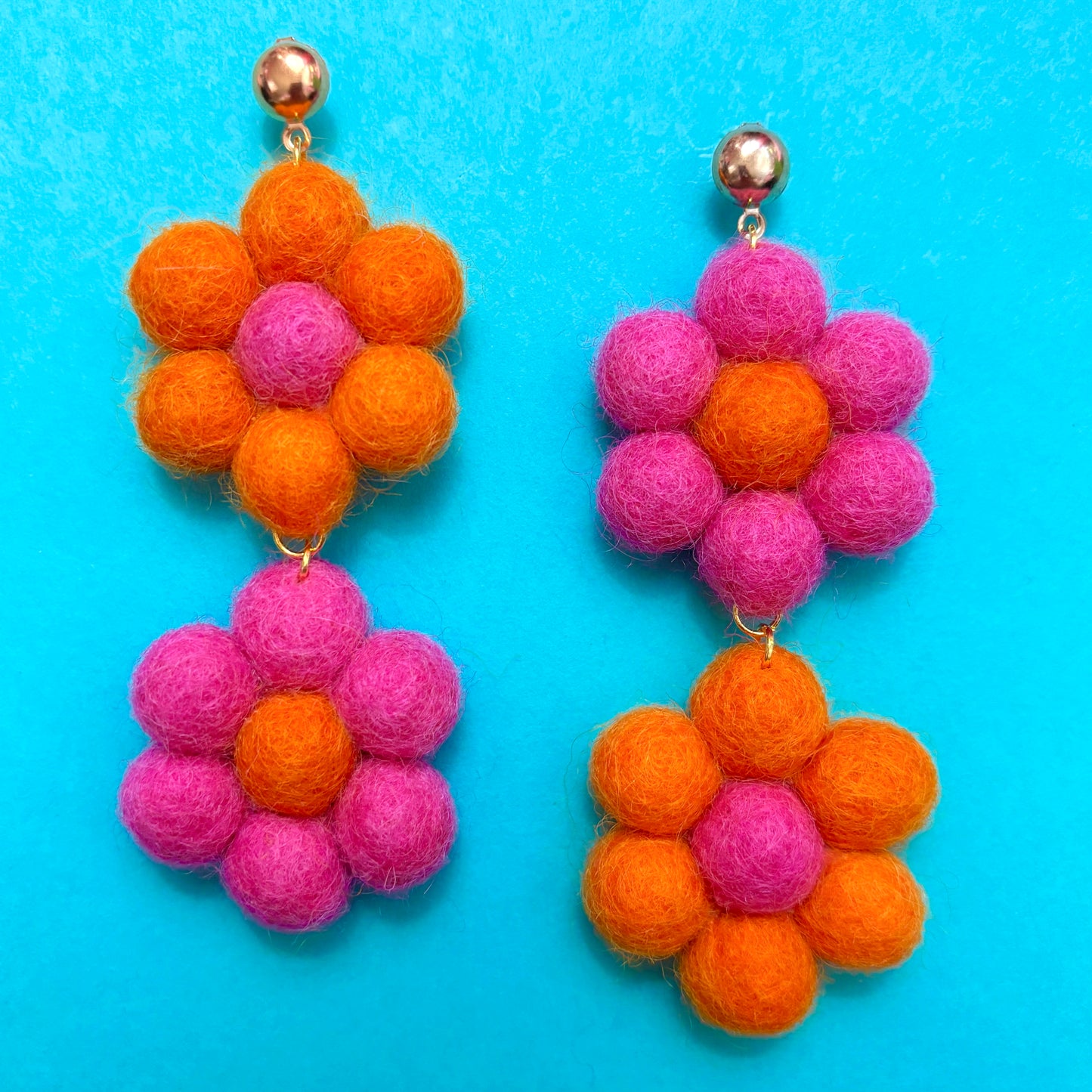 Pink & Orange Wool Felt Flower Drop Earrings