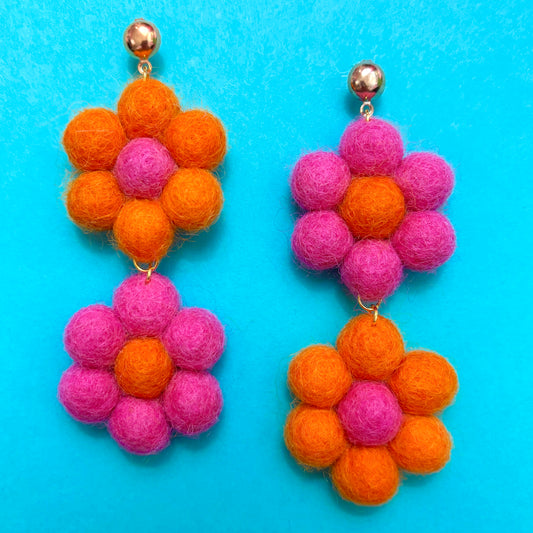 Pink & Orange Wool Felt Flower Drop Earrings