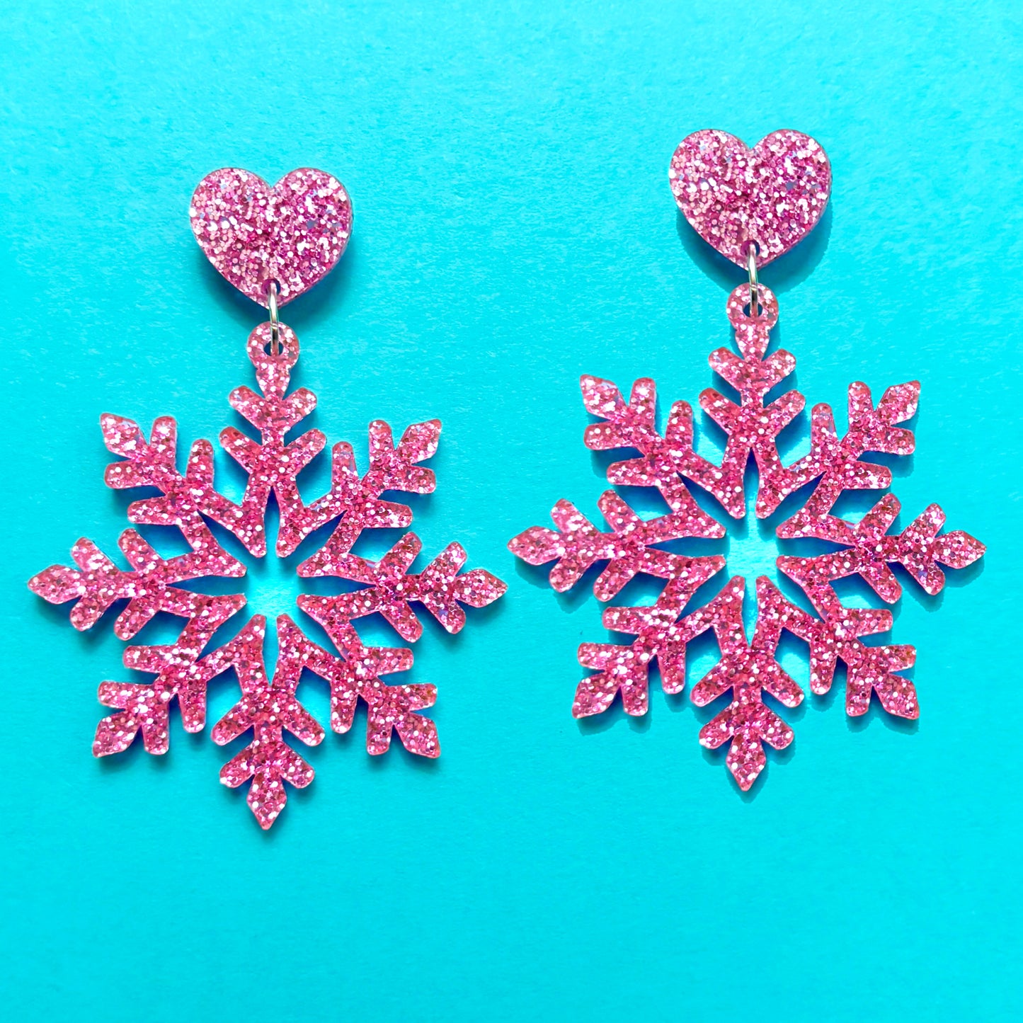 Pink Glitter Snowflake Drop Earrings