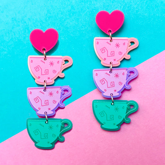 Tea Cups Tiered Acrylic Drop Earrings