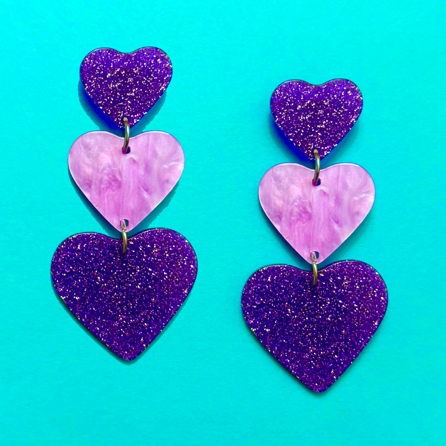 Purple Glitter Heart Tiered Drop Earrings