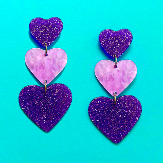 Purple Glitter Heart Tiered Drop Earrings