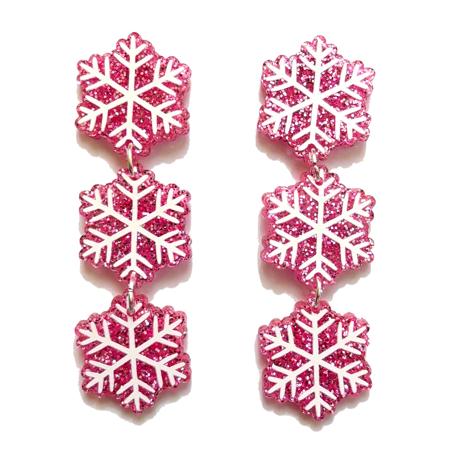 Pink Glitter Snowflake Tiered Drop Earrings