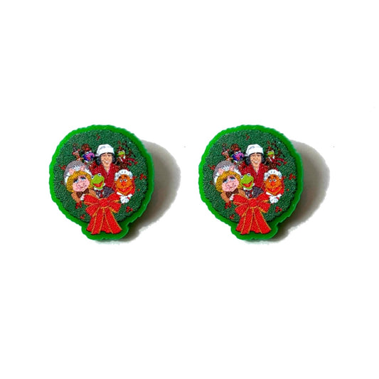 Puppet Christmas Carol Wreath Post Earrings