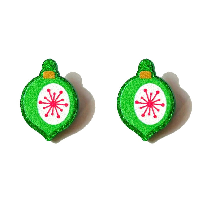 Green Retro Sparkle Ornament Post Earrings