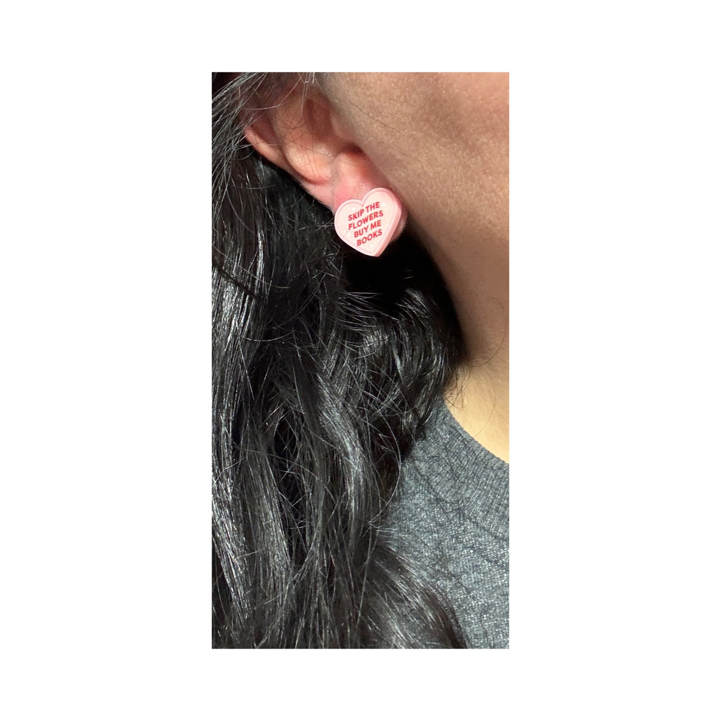 Skip the Flowers, Buy Me Books Heart Post Earrings