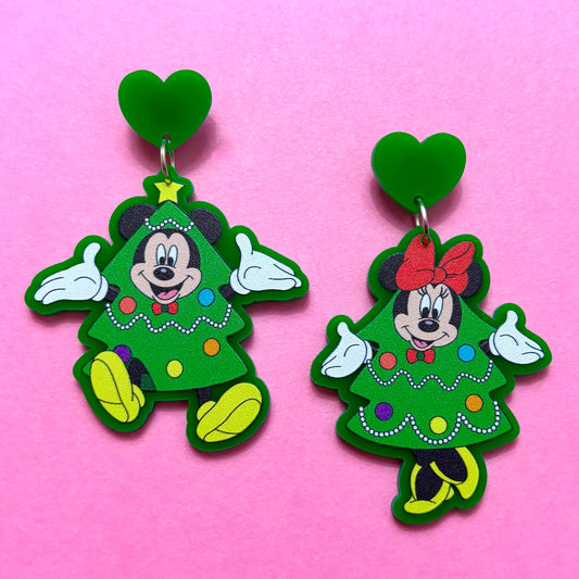 Mouse Couple Christmas Trees Drop Earrings