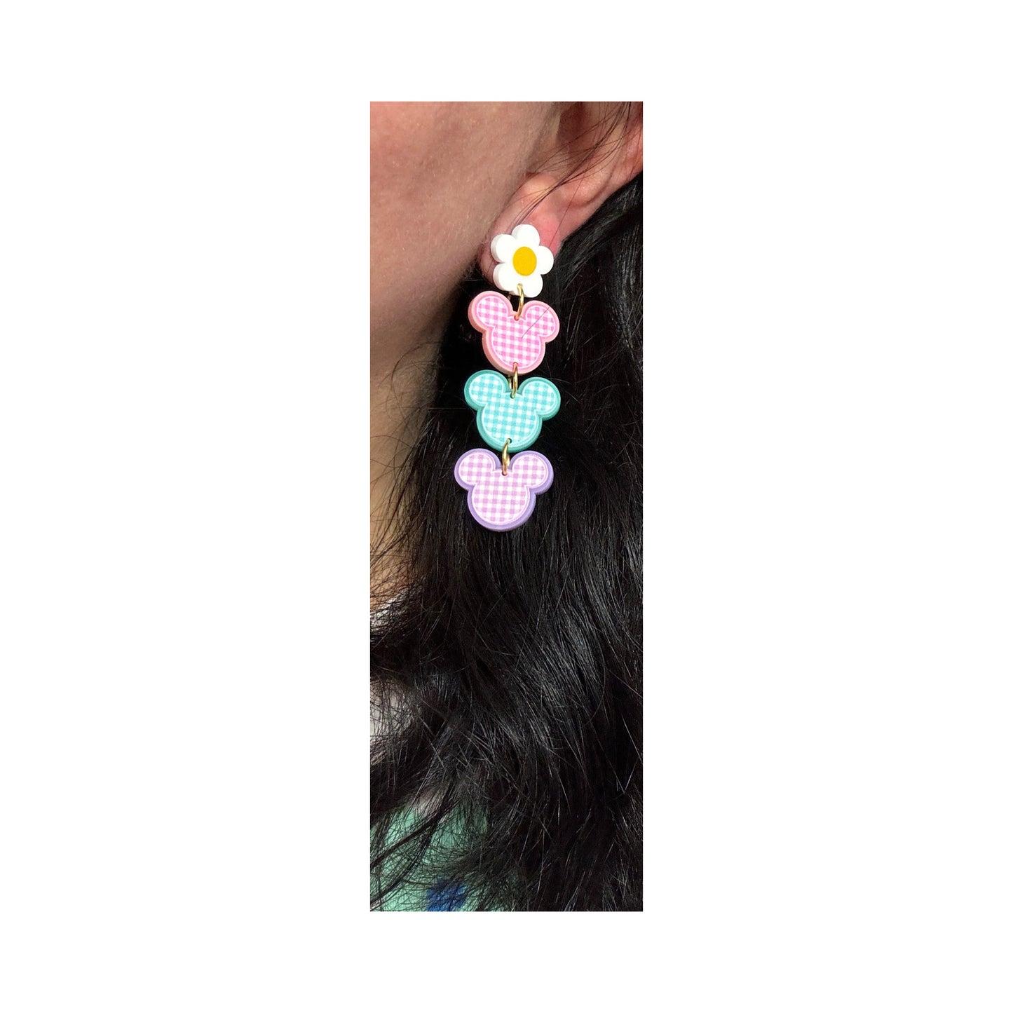 Pastel Gingham Mouse & Daisy Tiered Drop Earrings
