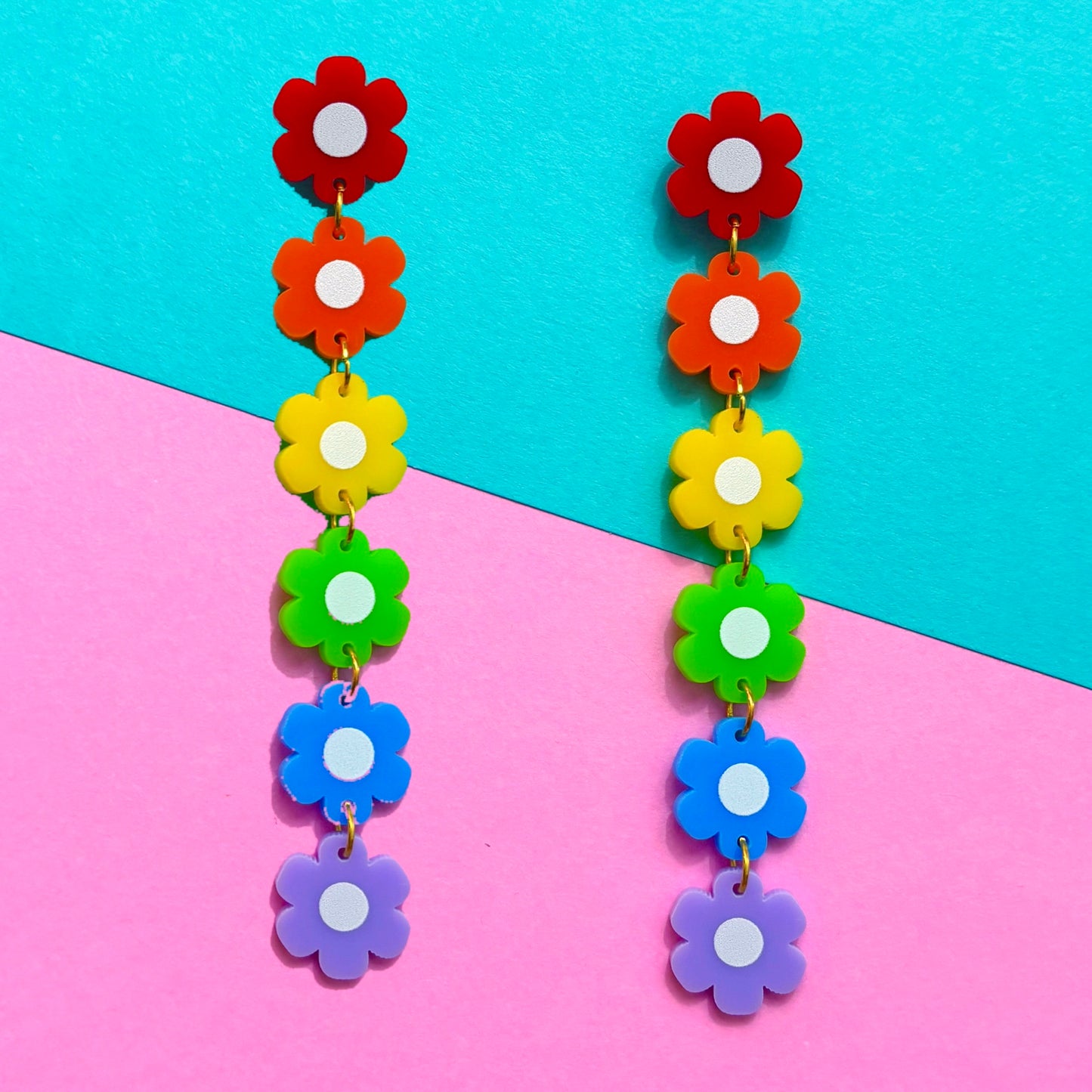 Rainbow Retro Flower Tiered Drop Earrings