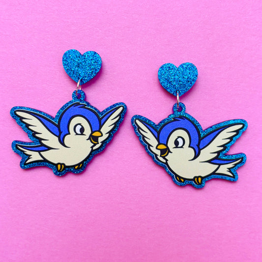 Enchanted Blue Birds Sparkle Drop Earrings