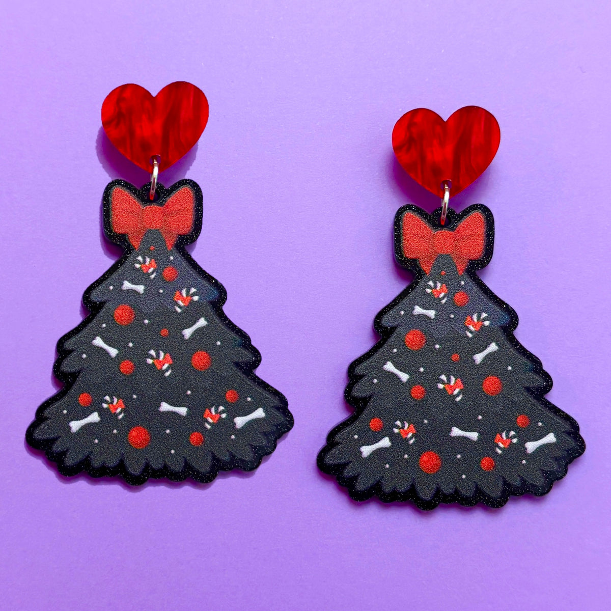 Red Bow Creepmas Tree Drop Earrings