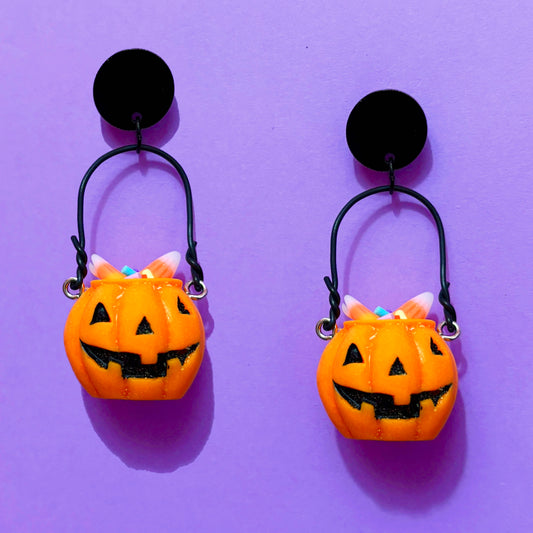 3D Small Pumpkin Bucket Drop Earrings