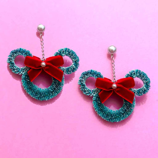 Mouse Wreath Velvet Bow Drop Earrings
