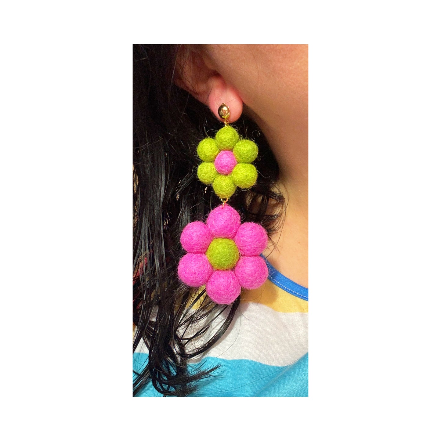 Pink & Green Large Wool Felt Drop Earrings