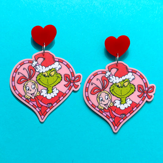 Pink Cindy & Grinch Heart Drop Earrings