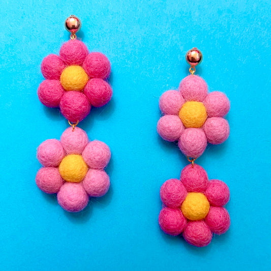 Pink Wool Felt Flower Drop Earrings
