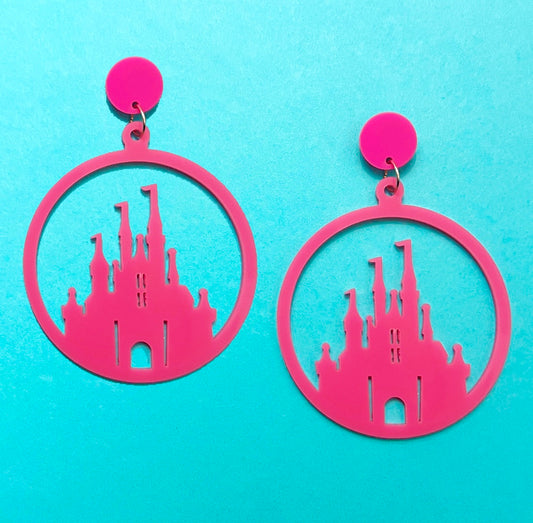 Pink Round Castle Silhouette Drop Earrings