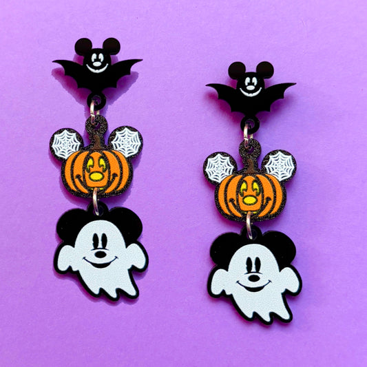 Mouse Bat Pumpkin & Ghost Tiered Drop Earrings