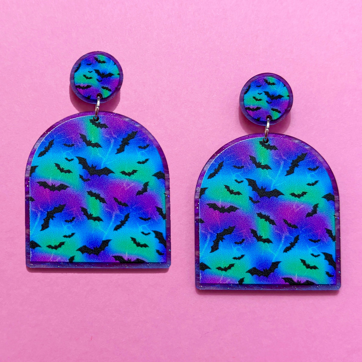 Spooky Neon Bat Print Dome Earrings