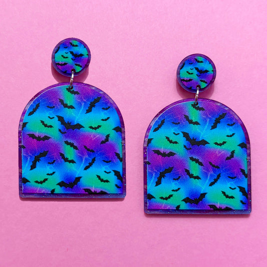 Spooky Neon Bat Print Dome Earrings