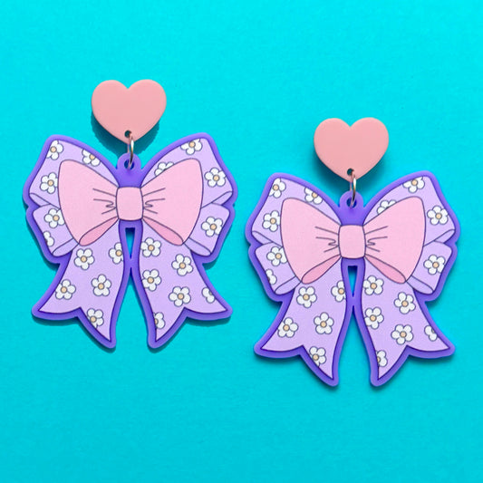 Lavender Daisy Bow Drop Earrings