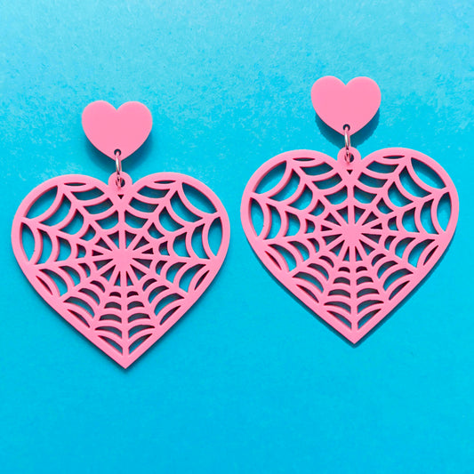Pastel Pink Spiderweb Heart Drop Earrings