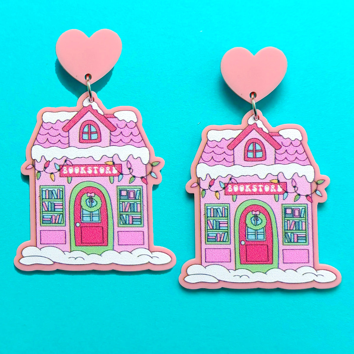 Pink Holiday Bookstore Drop Earrings