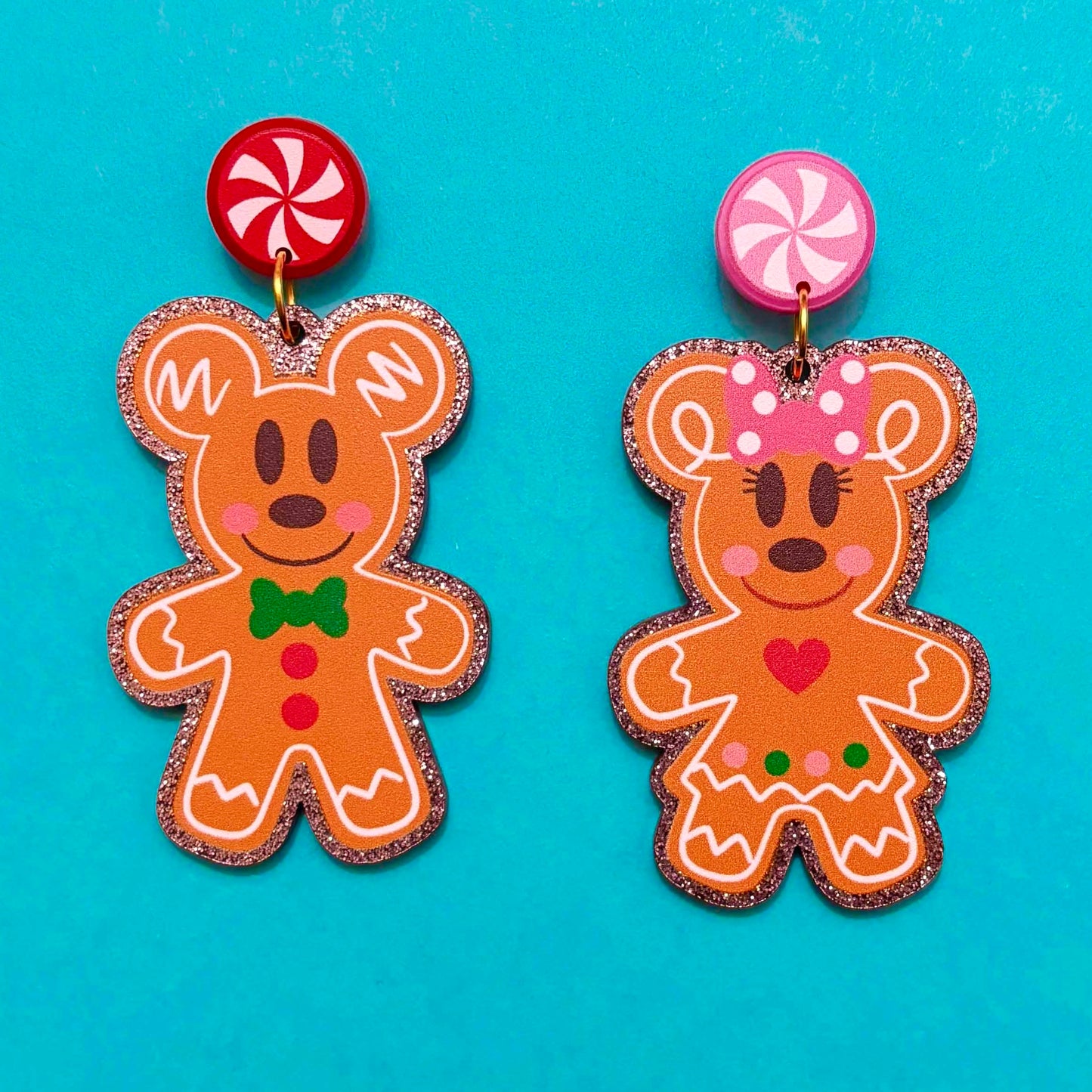 Mouse Couple Sparkle Gingerbread Drop Earrings