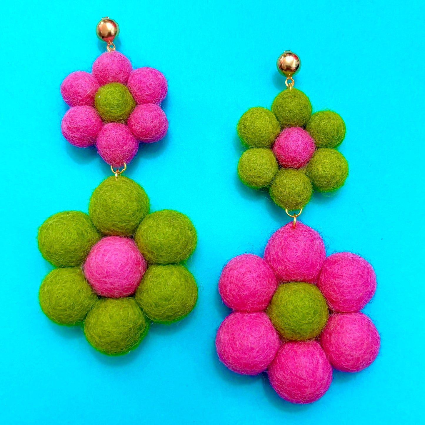 Pink & Green Large Wool Felt Drop Earrings
