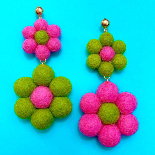 Pink & Green Large Wool Felt Drop Earrings