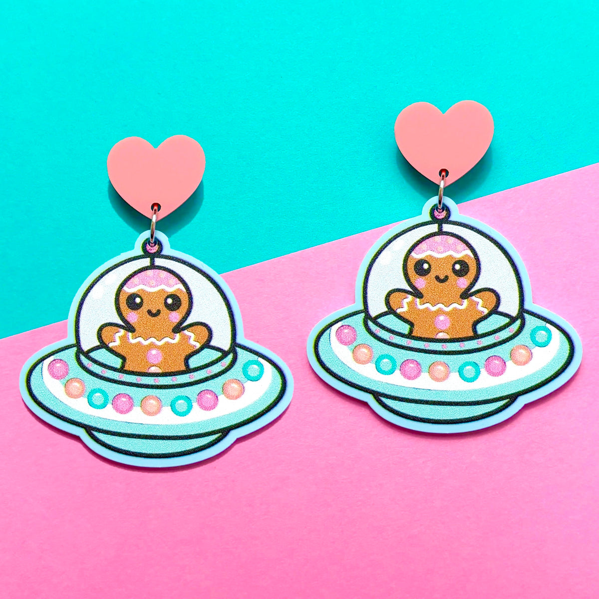 Gingerbread Alien Saucer Drop Earrings