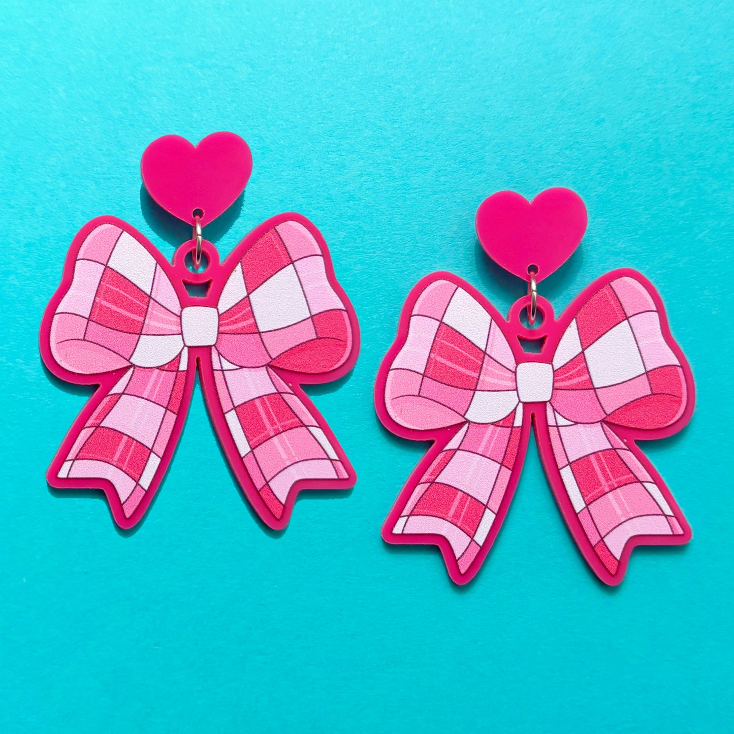 Pink Checkered Bow Drop Earrings