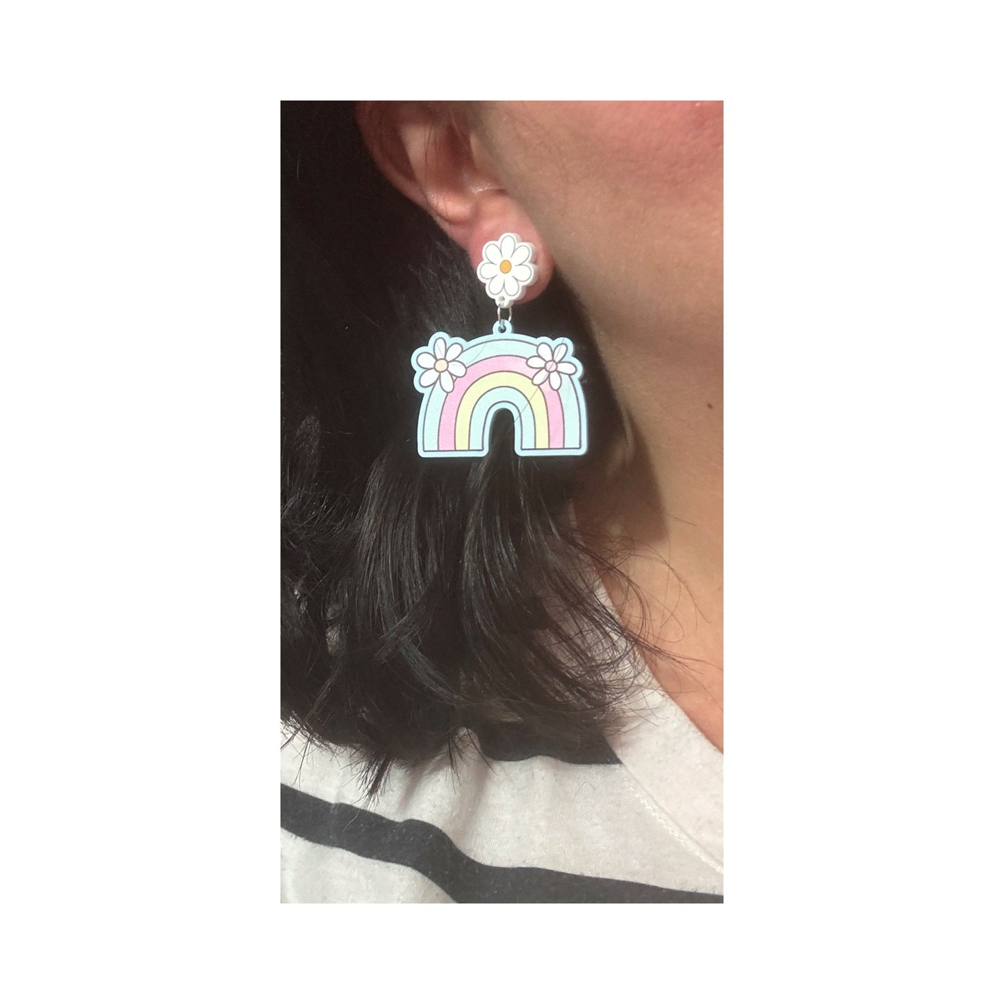 Pastel Blue Daisy Rainbow Drop Earrings