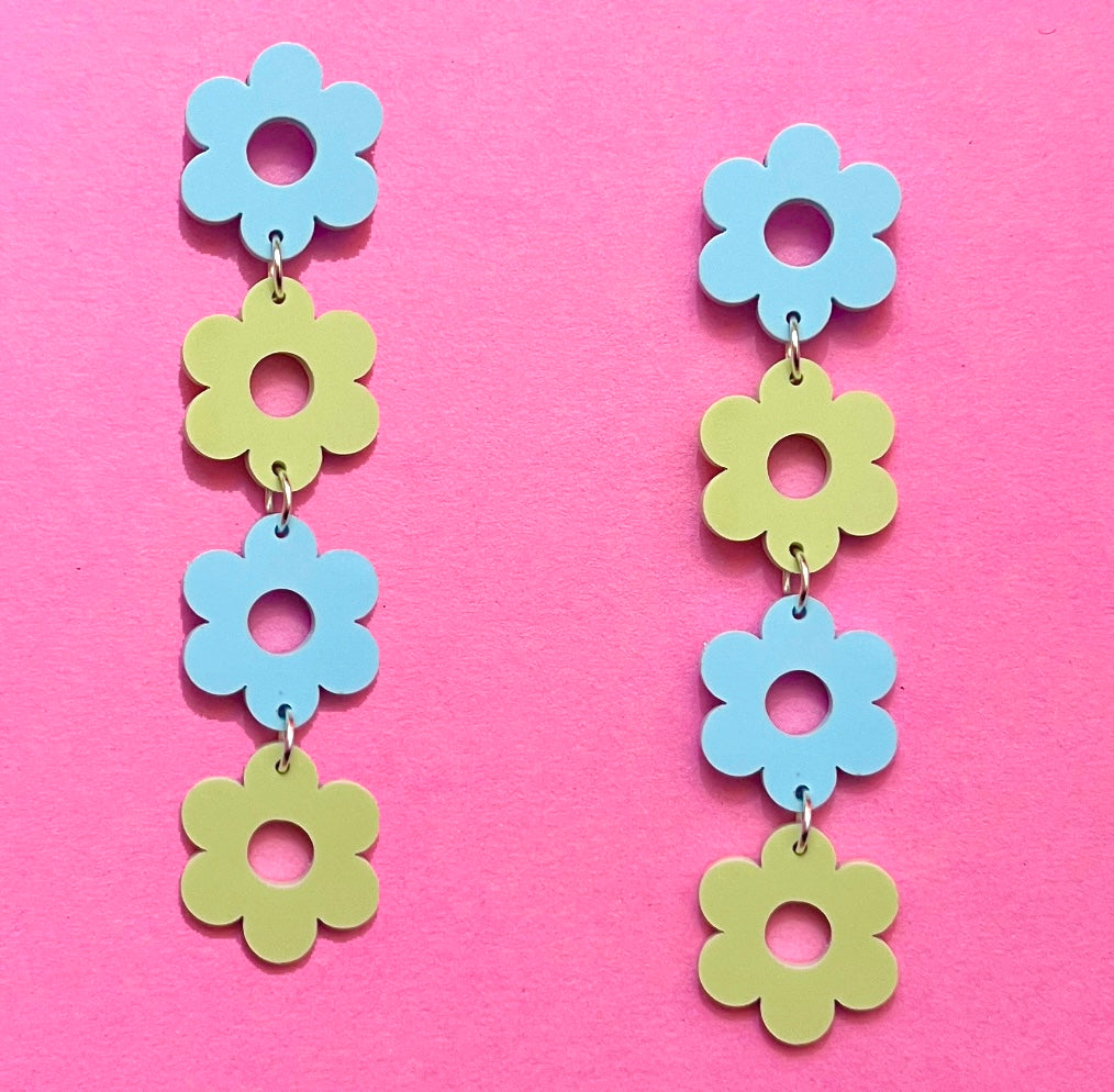 Pastel Blue & Green Retro Flower Tiered Drop Earrings