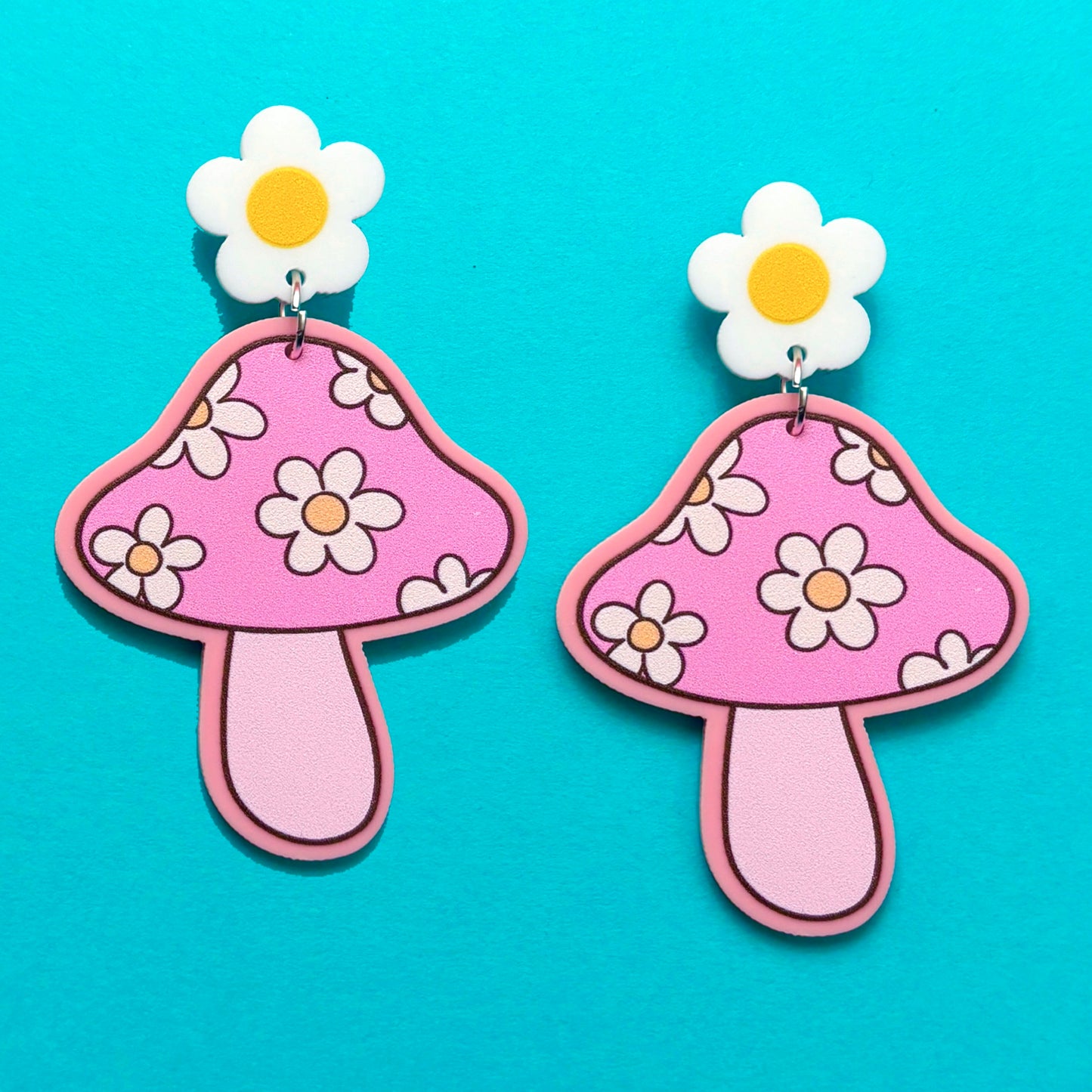 Pink Daisy Mushroom Drop Earrings