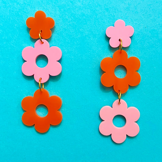 Pink & Orange Flower Tiered Drop Earrings