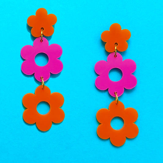 Hot Pink & Orange Retro Flower Drop Earrings