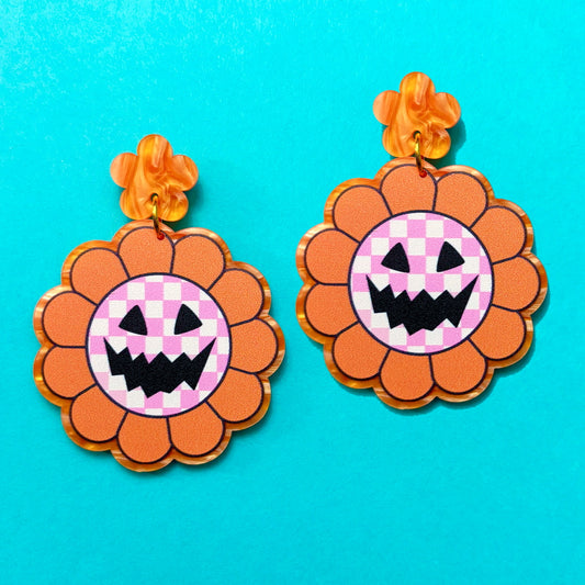 Checkerboard Pumpkin Flower Pink Drop Earrings