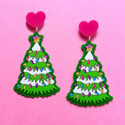 90s Neon Christmas Tree Drop Earrings
