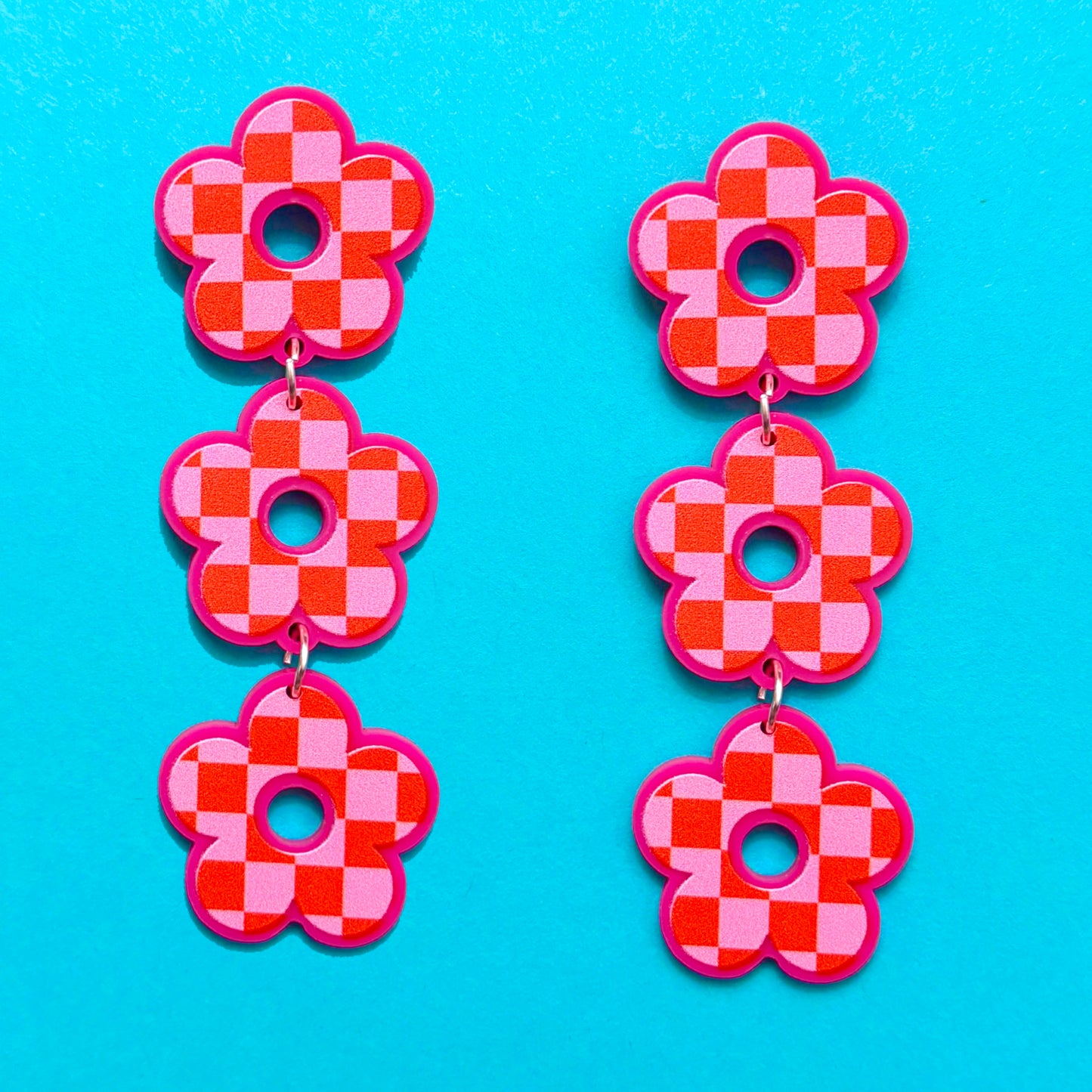 Pink & Red Checkered Retro Flower Tiered Drop Earrings