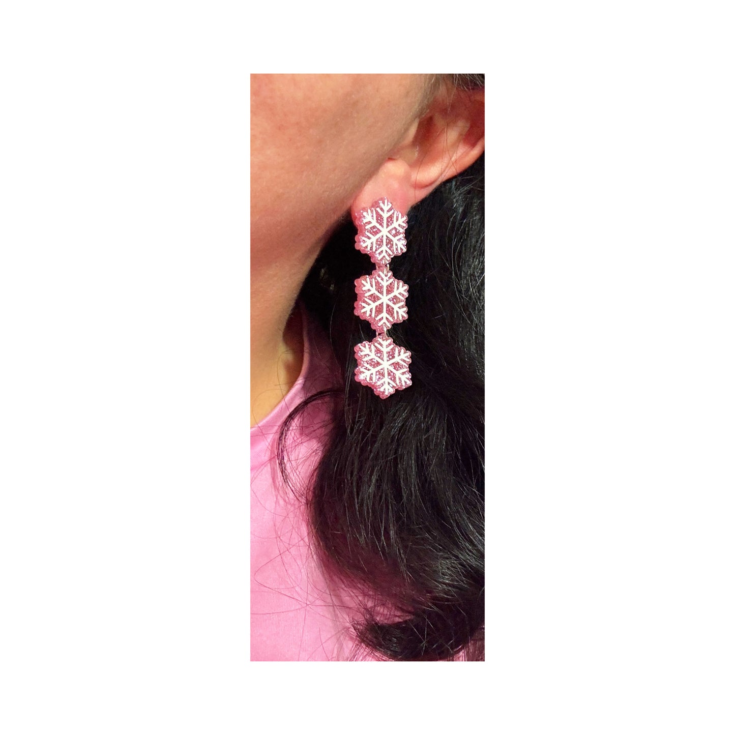 Pink Glitter Snowflake Tiered Drop Earrings