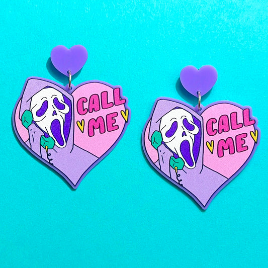 Pastel Call Me Ghost Face Scream Heart Acrylic Drop Earrings