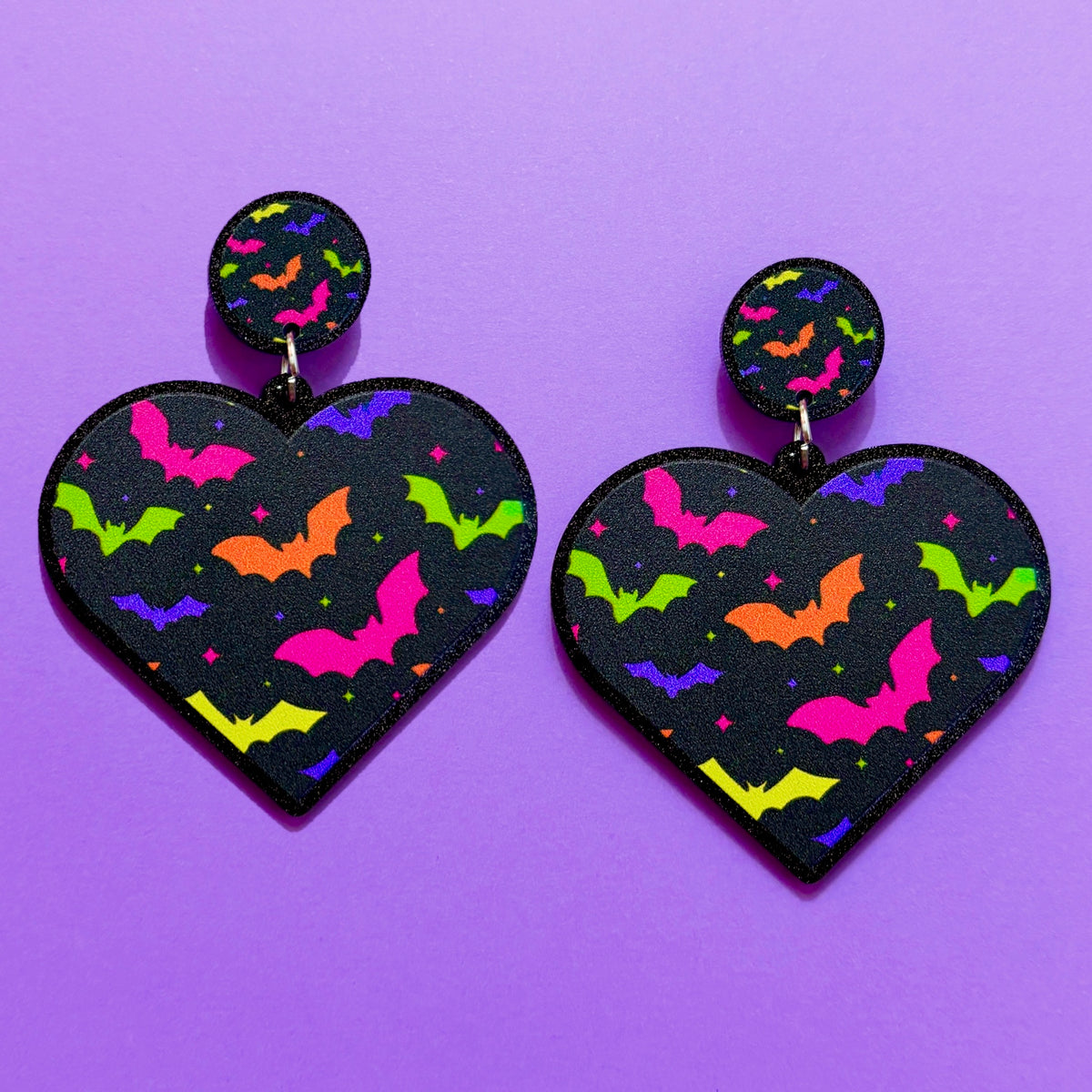 Neon Bat Print Heart Drop Earrings