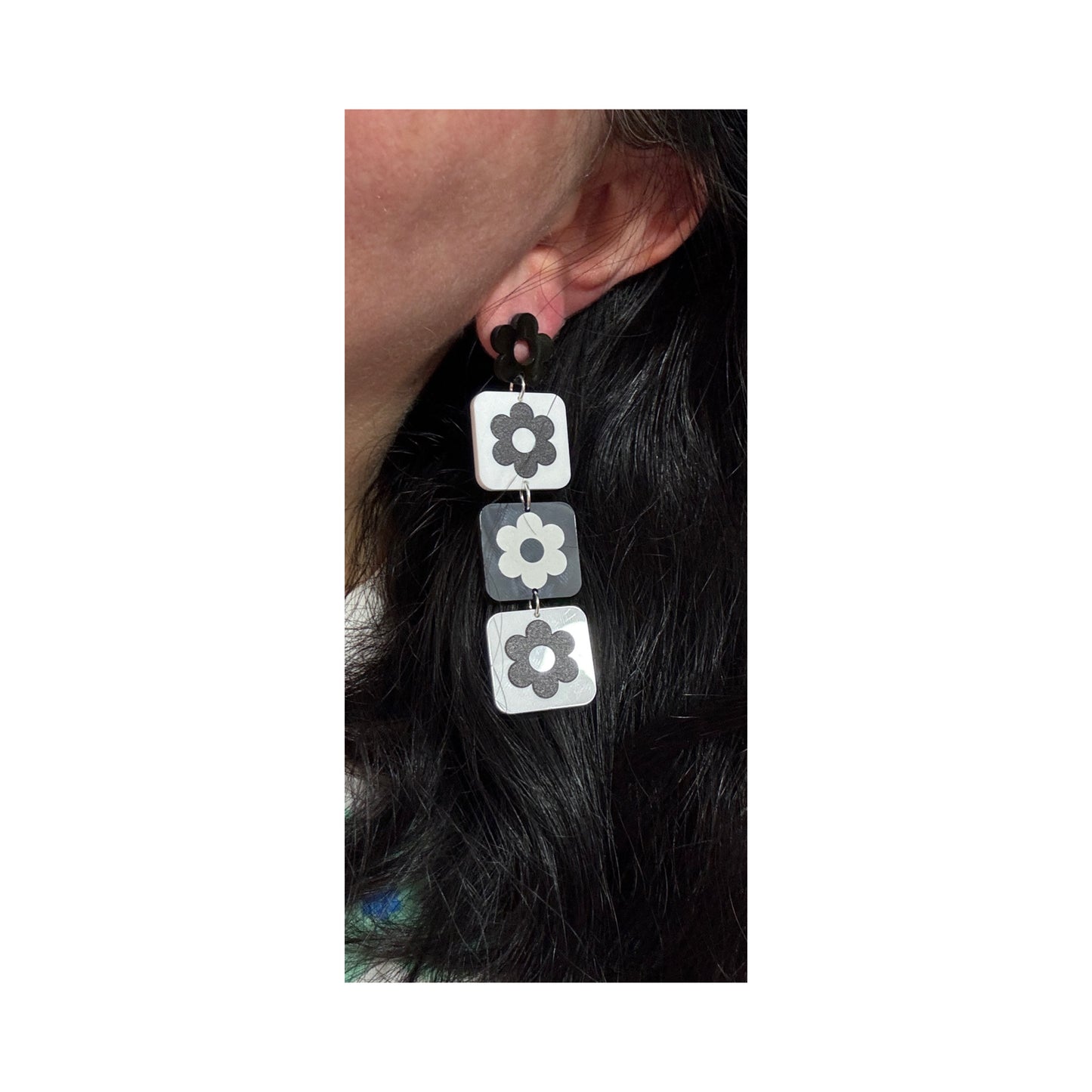 Black & White Retro Flower Square Drop Earrings