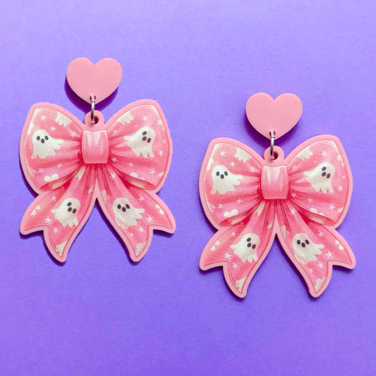 Pastel Ghost Print Bow Drop Earrings